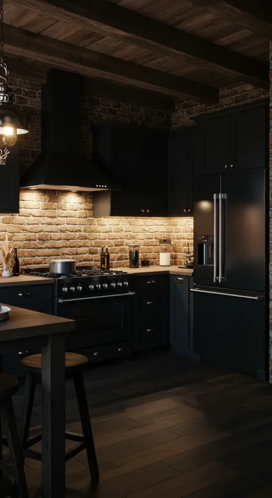 Dark Kitchen With Exposed Brick Walls