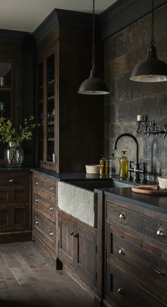 Dark Moody Kitchen With Reclaimed Wood Cabinets