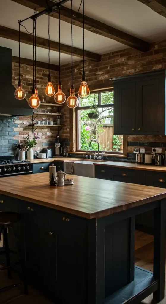 Dark Rustic Kitchen With A Large Island