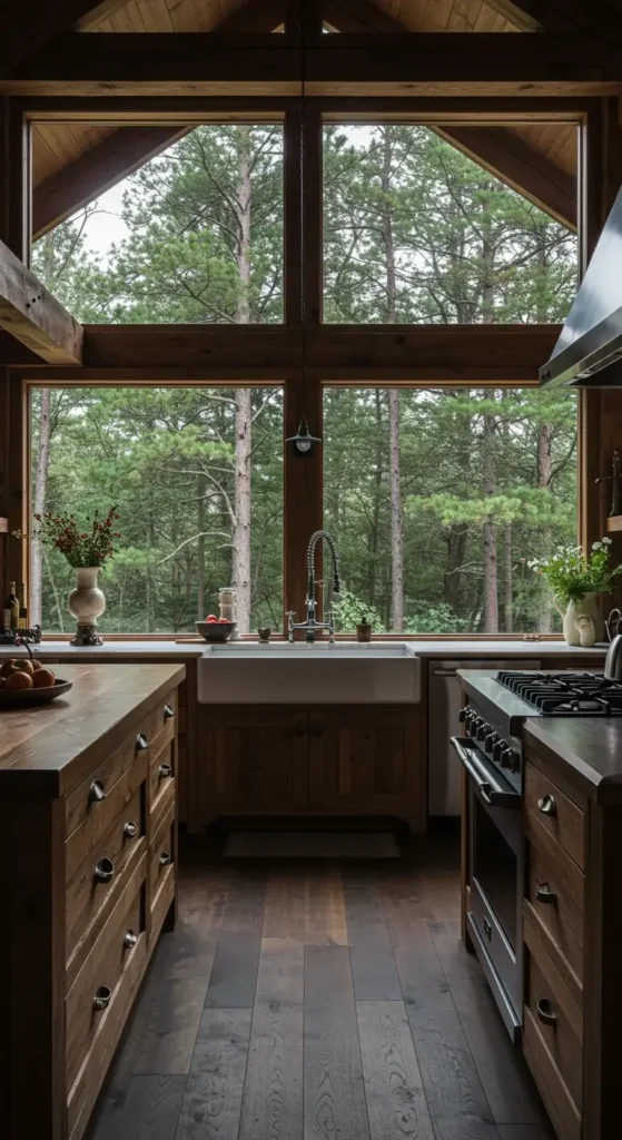 Dark Rustic Kitchen With Large Windows, Forest View