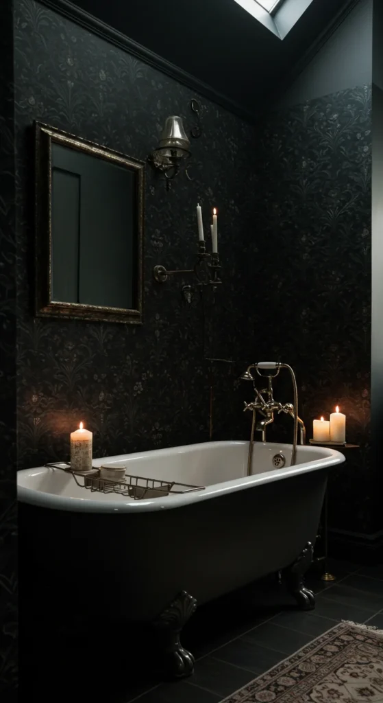 Dark Vintage Bathroom With Black Wallpaper