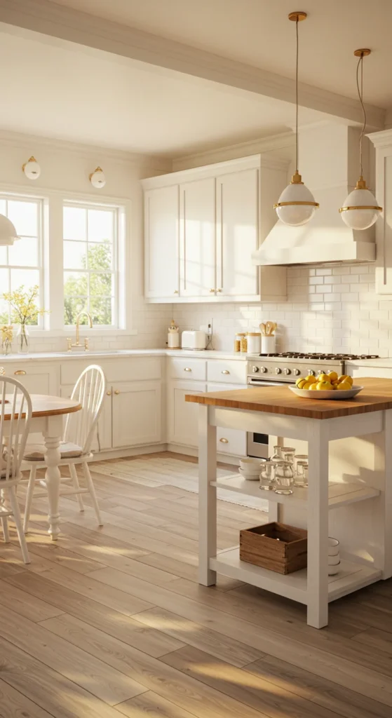 Dreamy White Kitchen With Soft Golden