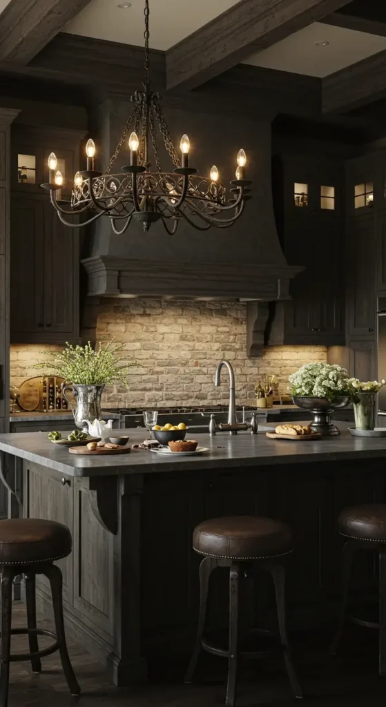 Dark Rustic Kitchen With Vintage Chandelier