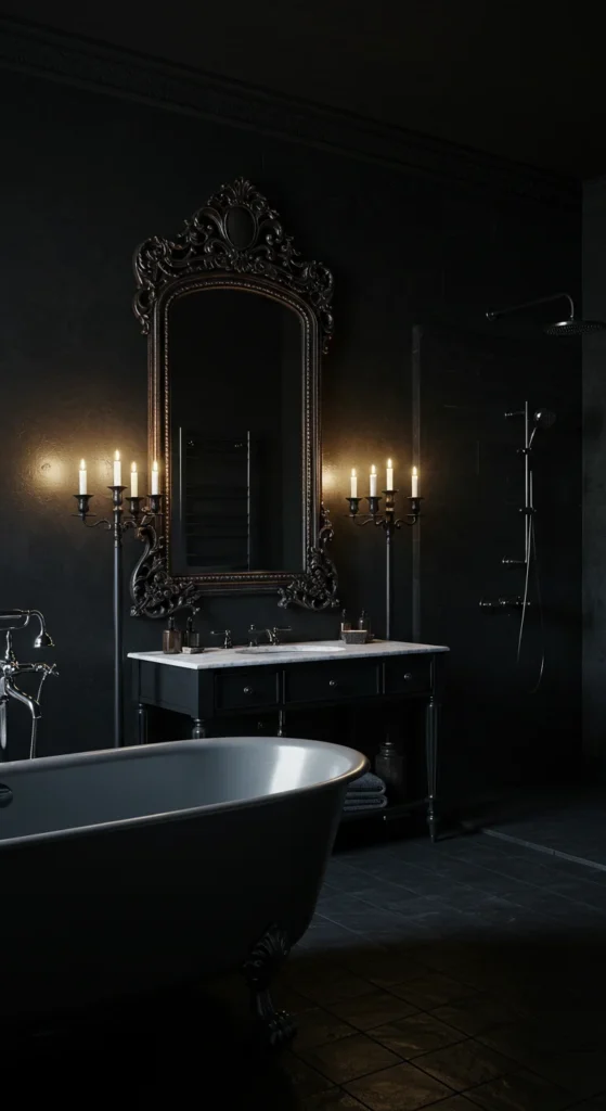 Gothic-inspired Black Bathroom With Antique Mirror