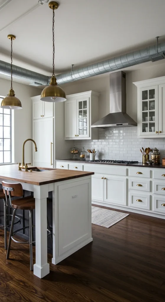 Industrial-style Warm White Kitchen With Soft Brass Accents