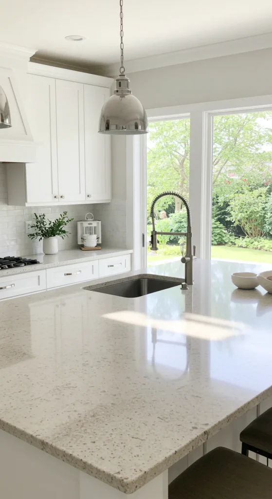 Kitchen In White With Soft Beige Granite