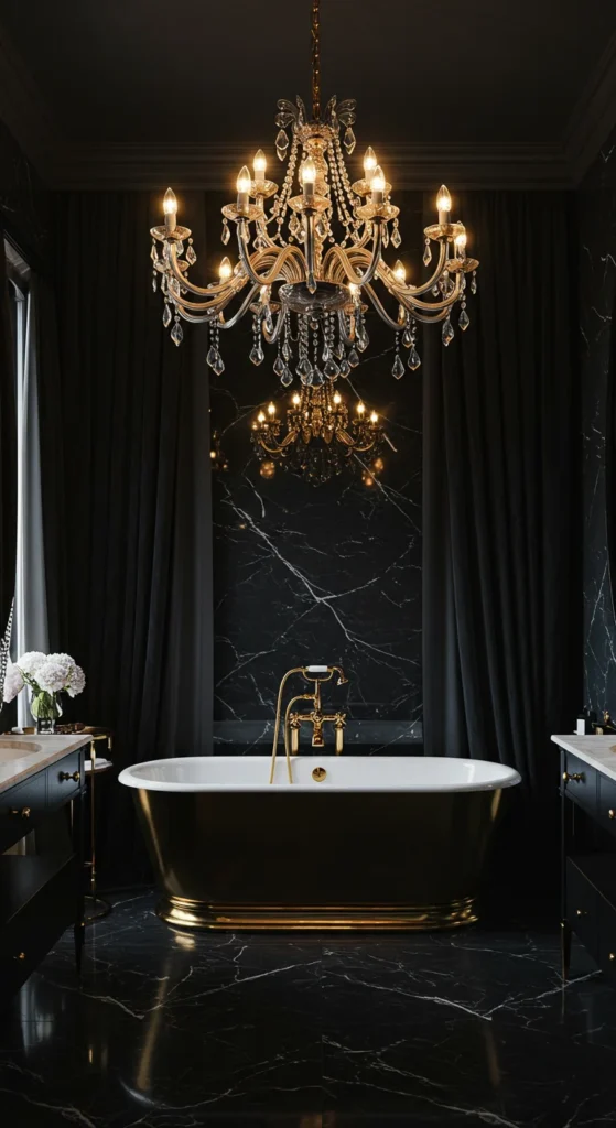 Luxurious Black Bathroom With Chandelier