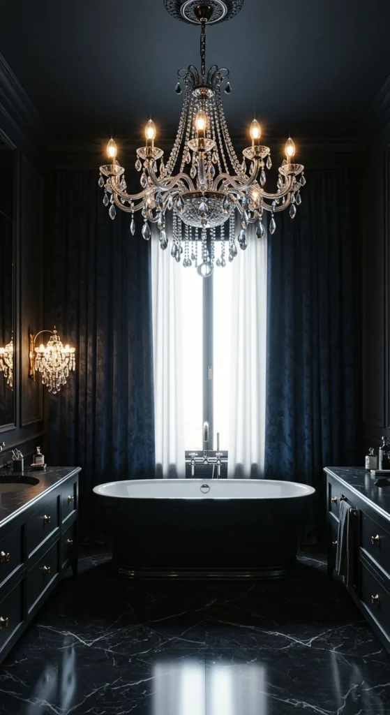 Luxurious Black Bathroom With Chandelier And Velvet Curtains