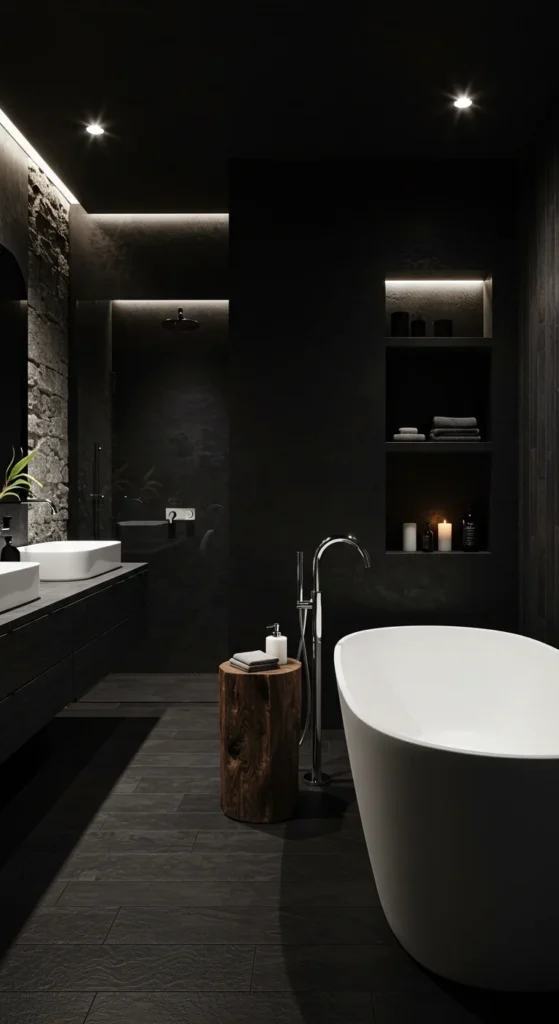 Luxury Spa-style Black Bathroom With Dark