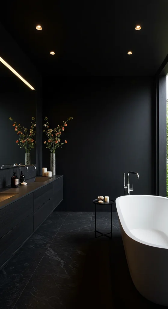 Luxury Spa-style Black Bathroom With Dark Wood And Stone
