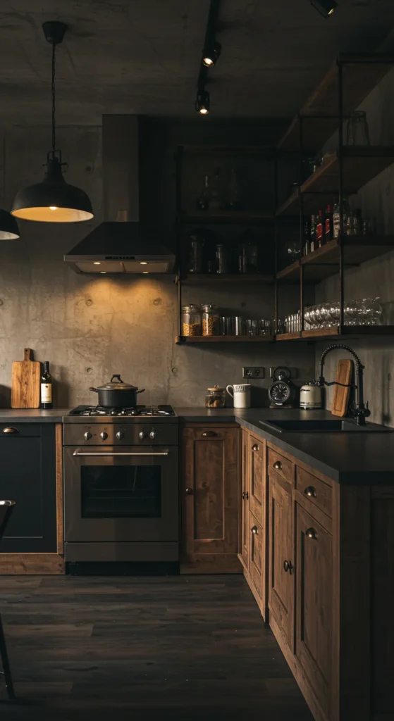 Modern Dark Rustic Kitchen With Industrial Lighting