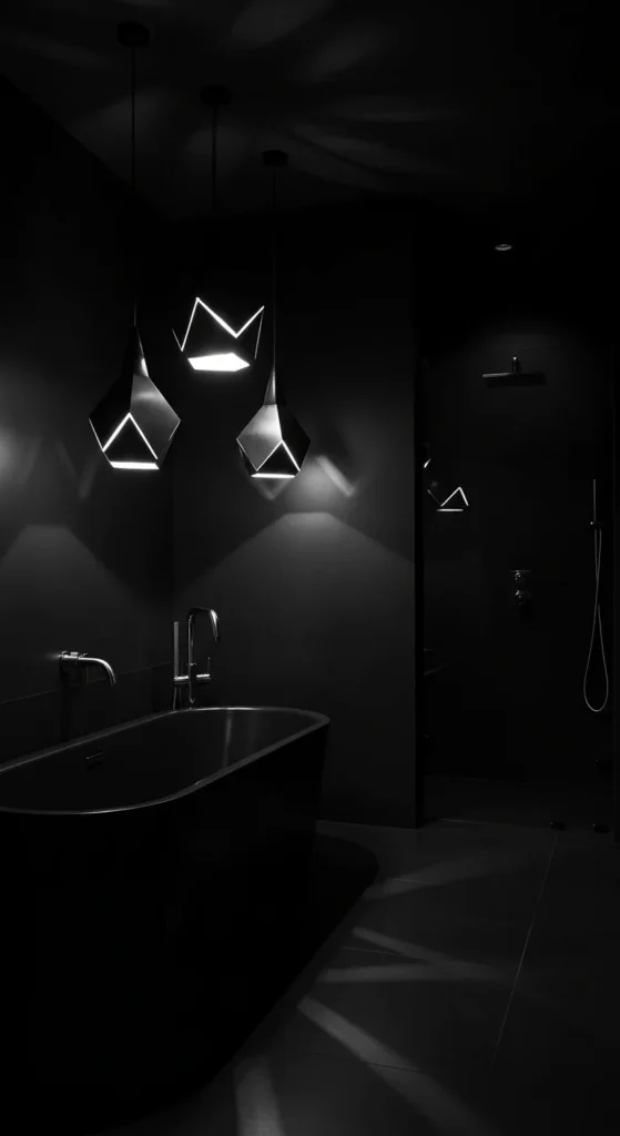 Monochromatic Black Bathroom With Geometric Pendant Lights