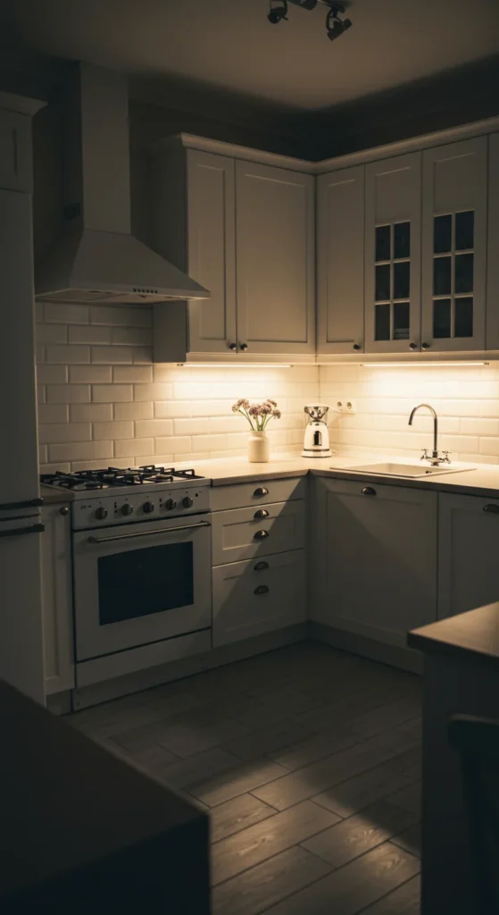 Moody White Kitchen With Warm Lighting