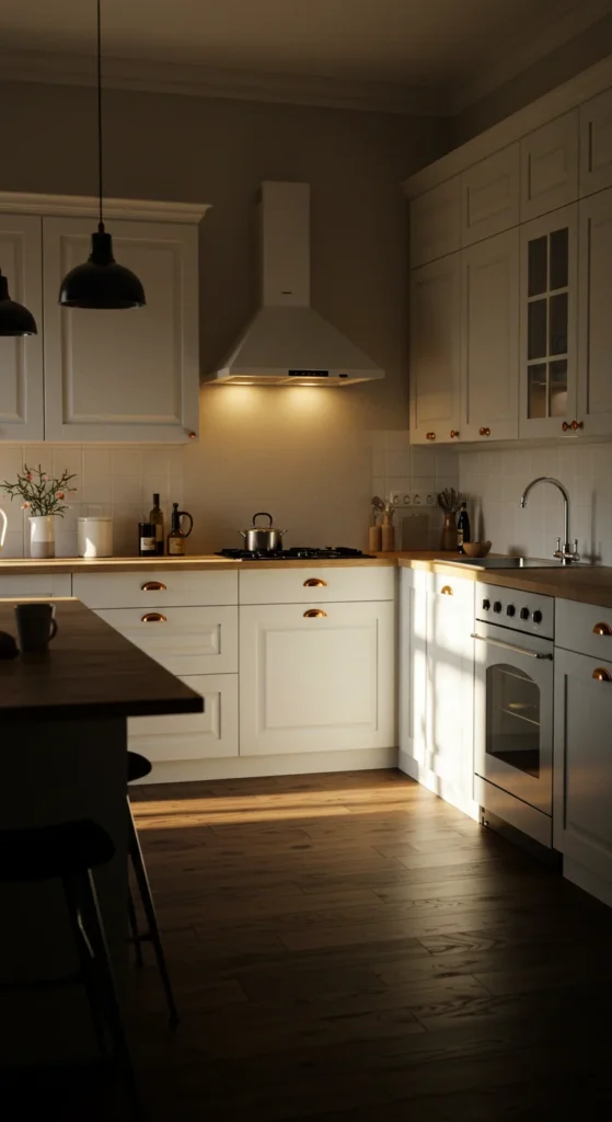 Moody White Kitchen With Warm Lighting And Shadows