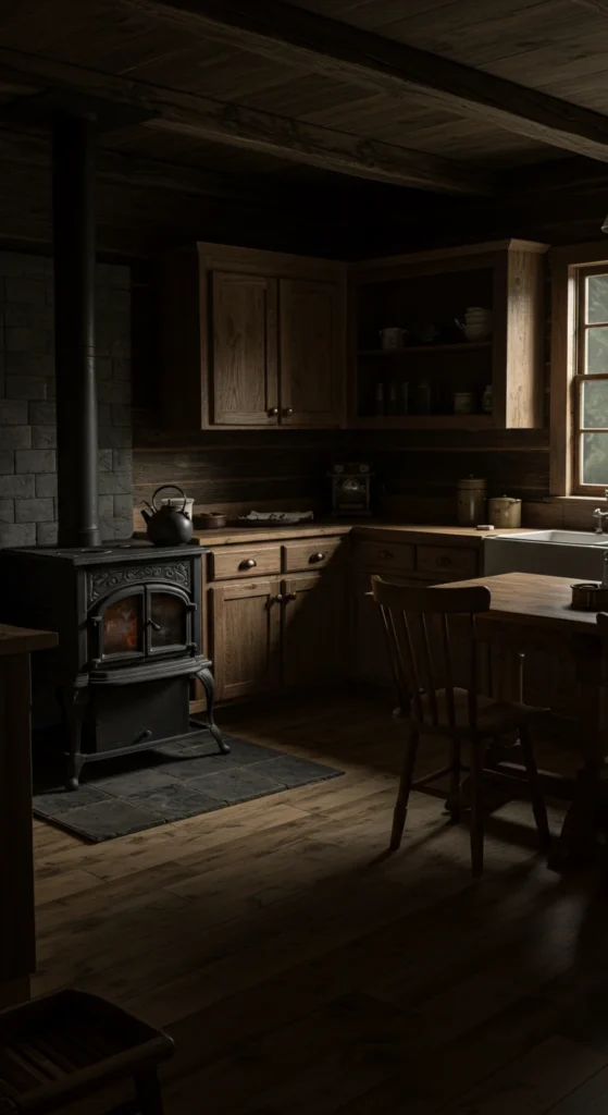 Rustic Cabin Kitchen Interior, Moody Lighting