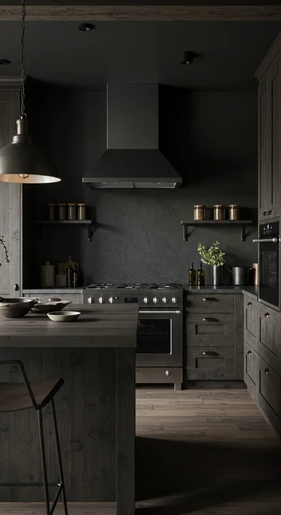 Minimalist Kitchen, Dark Tones, Clean Lines