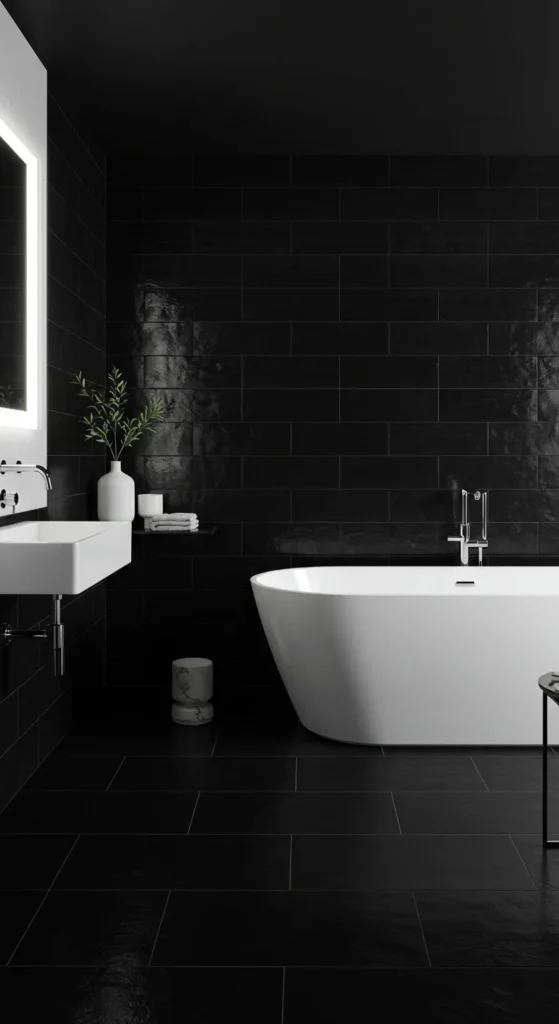 Sleek Black Tiles In A Minimalist Scandinavian-style Bathroom