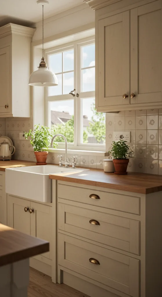 Small Warm White Kitchen With Cottage-style Decor