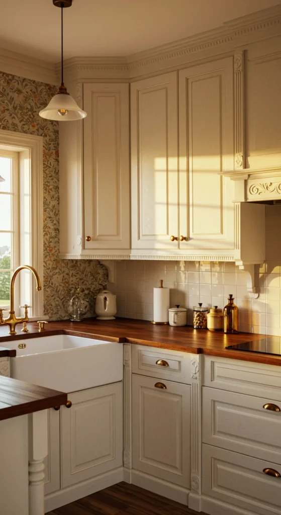 Victorian-style White Kitchen With Warm Highlights