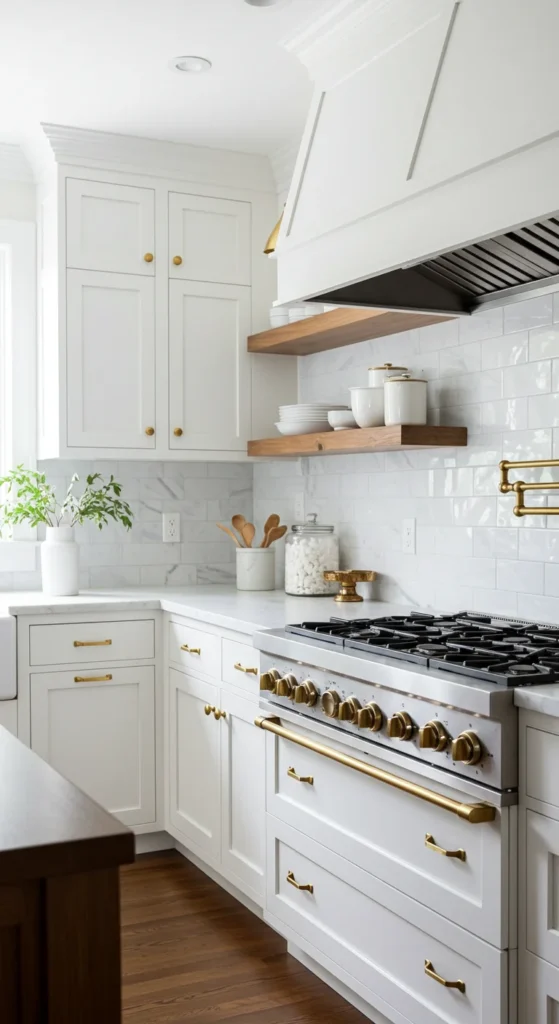 Warm White Kitchen Featuring Brass Handles