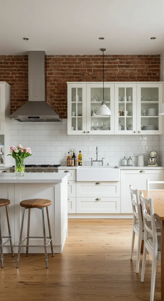 Warm White Kitchen With Exposed Brick