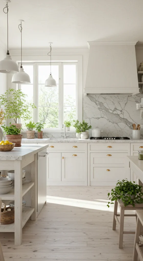 Warm White Kitchen With Natural Stone And Greenery