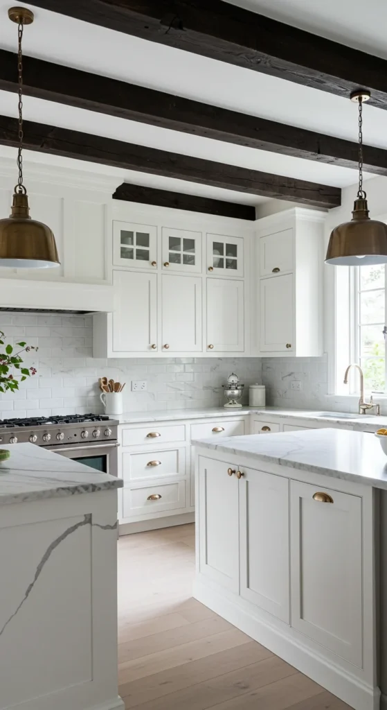 Warm White Kitchen With Rustic Wooden Beams