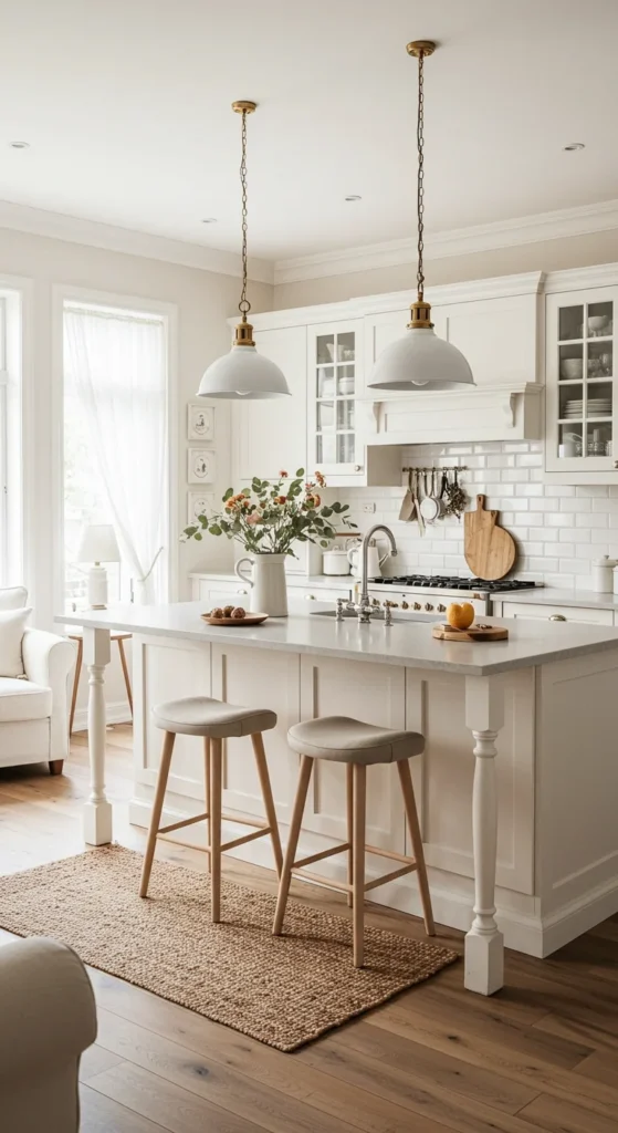 Warm White Kitchen With Soft Drapes