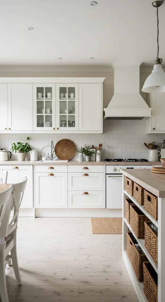 White And Beige Kitchen With Woven Baskets