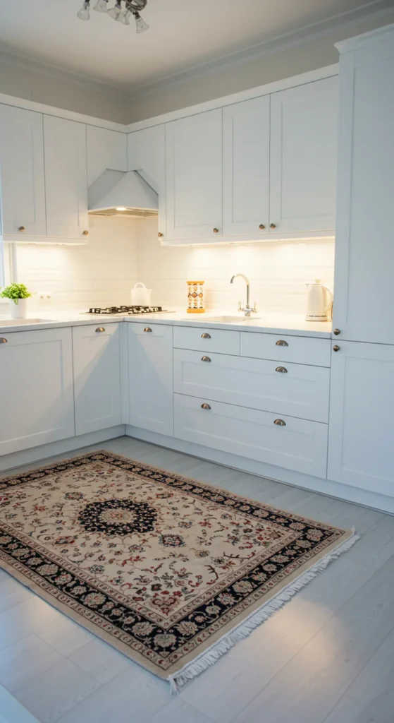 White Kitchen With Beige Persian Rug