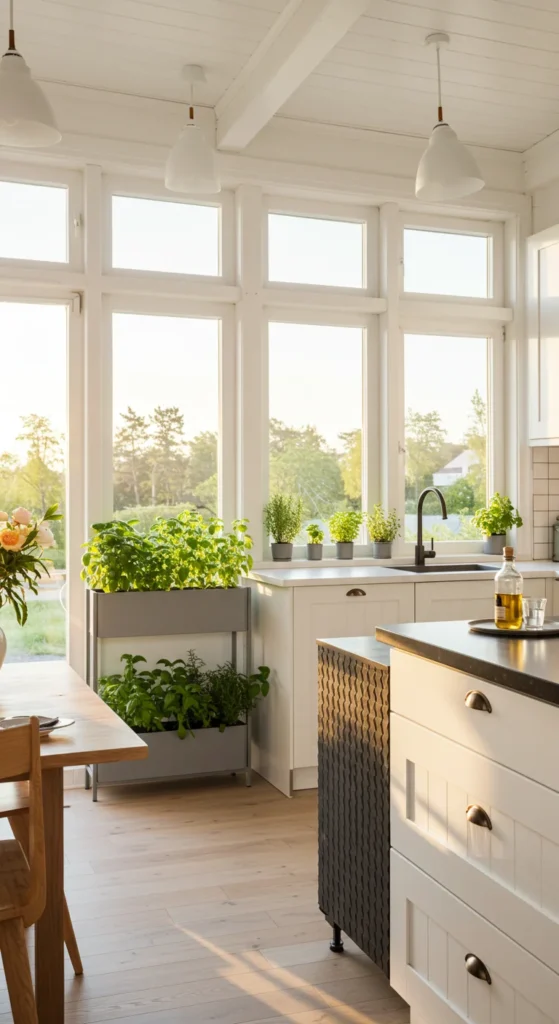 White Kitchen With Indoor Herb Garden And Warm Light