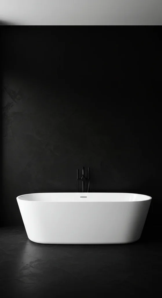 Bathroom With Matte Black Walls And White Bathtub