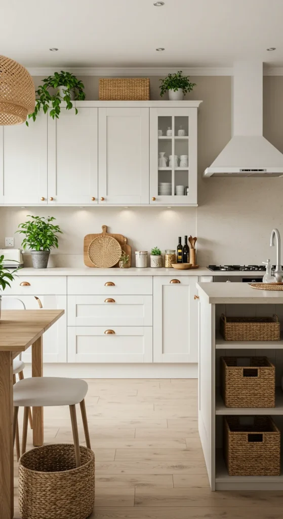 Beige Kitchen With Woven Baskets And Plant Accents
