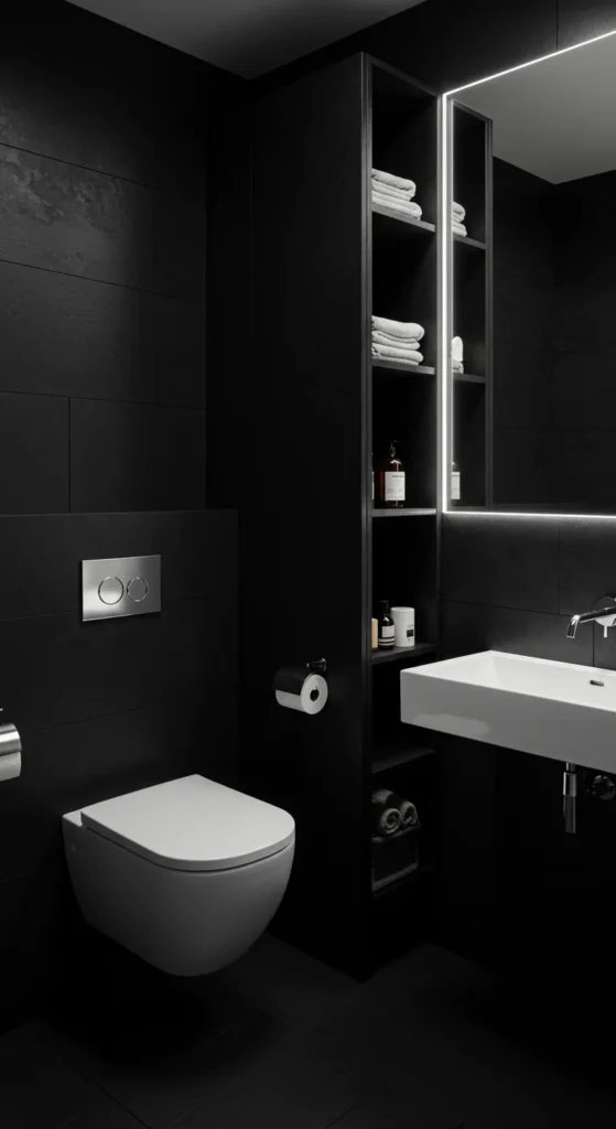 Black Bathroom With A Floating Toilet