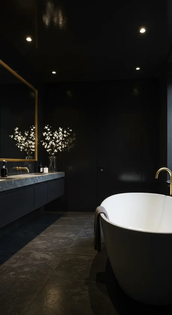 Black Bathroom With Dark Wood And Stone