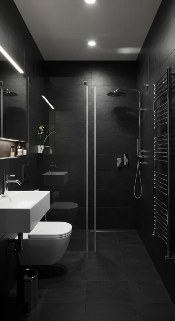Black Bathroom With Glass Dividers And Clean Lines