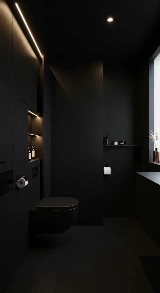Black Bathroom With Hidden Storage