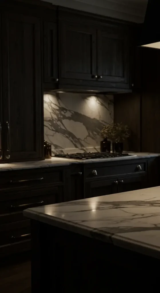 Dark Rustic Kitchen, Marble Countertops, Dark Walnut Cabinets