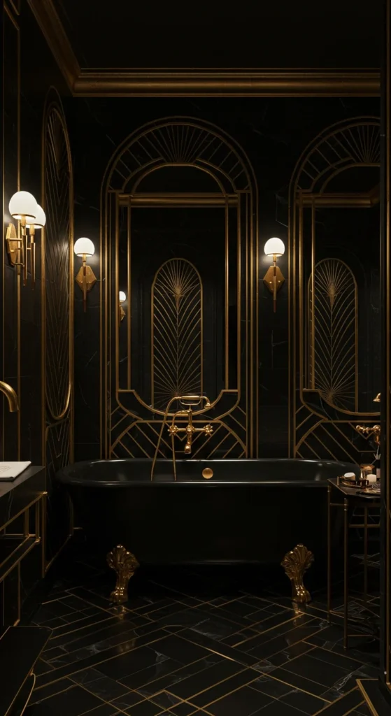 Gold Art Deco Bathroom With Ornate Mirrors