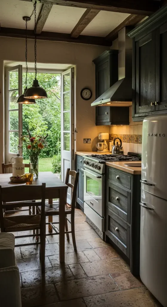 Kitchen In Rustic Style, Dark Wood Textures