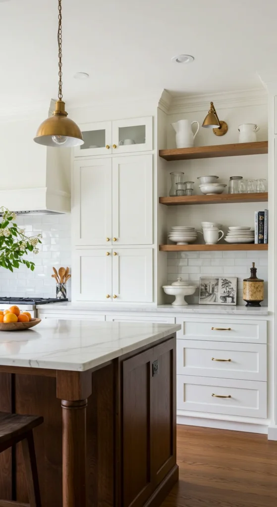 Kitchen In Warm White Tones With Open Shelves