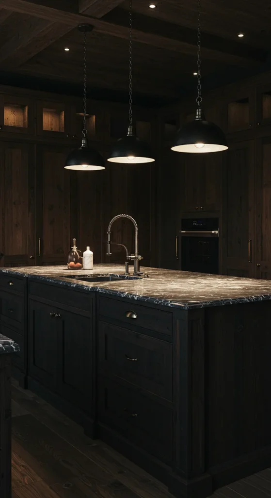 Kitchen, Marble Countertops, Dark Walnut Cabinets