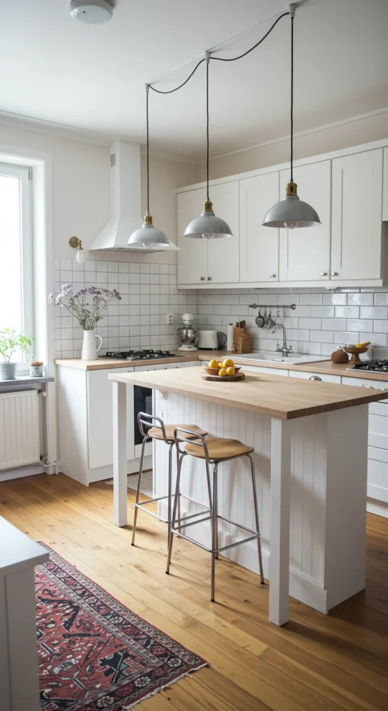Kitchen With Bar Stools And Hanging Pendant Lights
