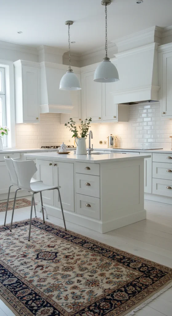 Kitchen With Beige Persian Rug And Soft Warm Lighting