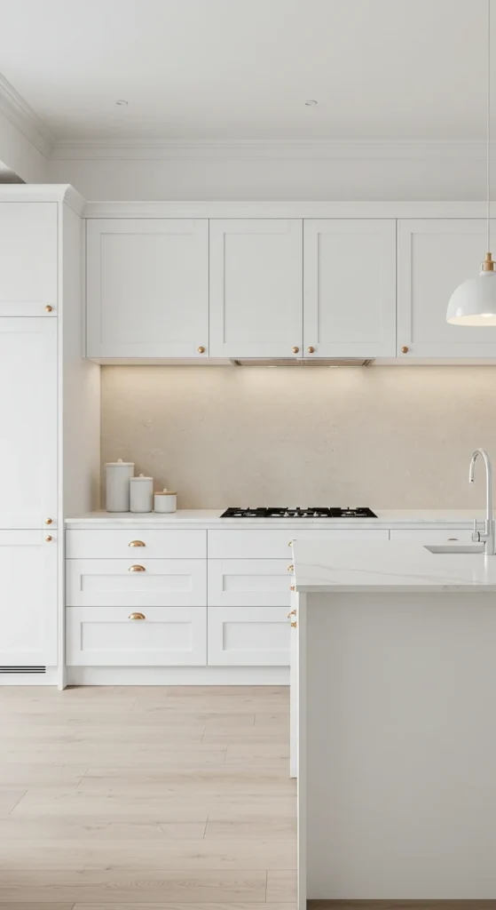 Kitchen With Beige Backsplash And Soft Pendant
