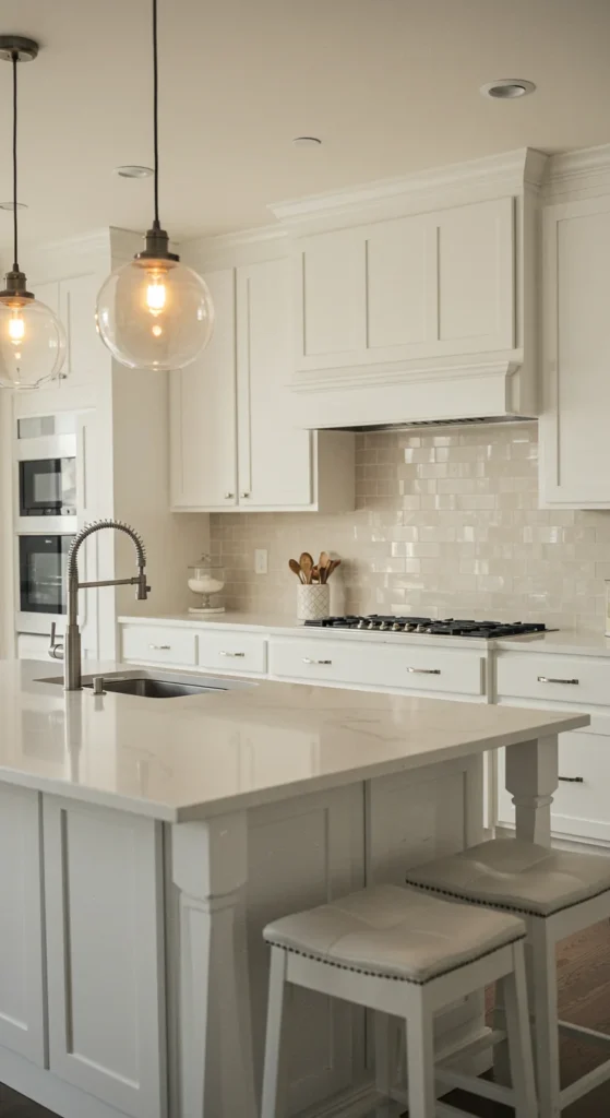 Kitchen With Beige Backsplash And Soft Pendant Lighting
