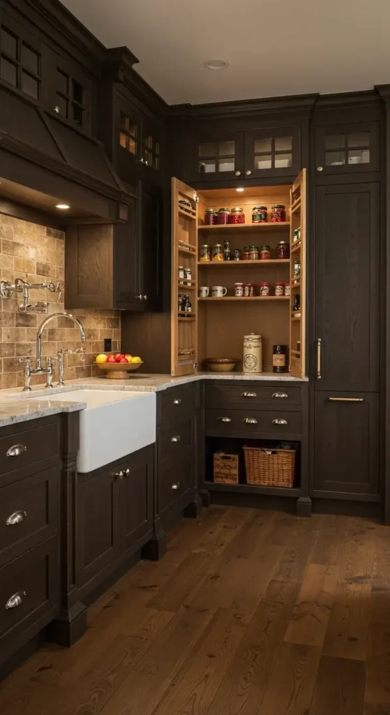 Kitchen With Dark Oak Finishes, Warm Lighting
