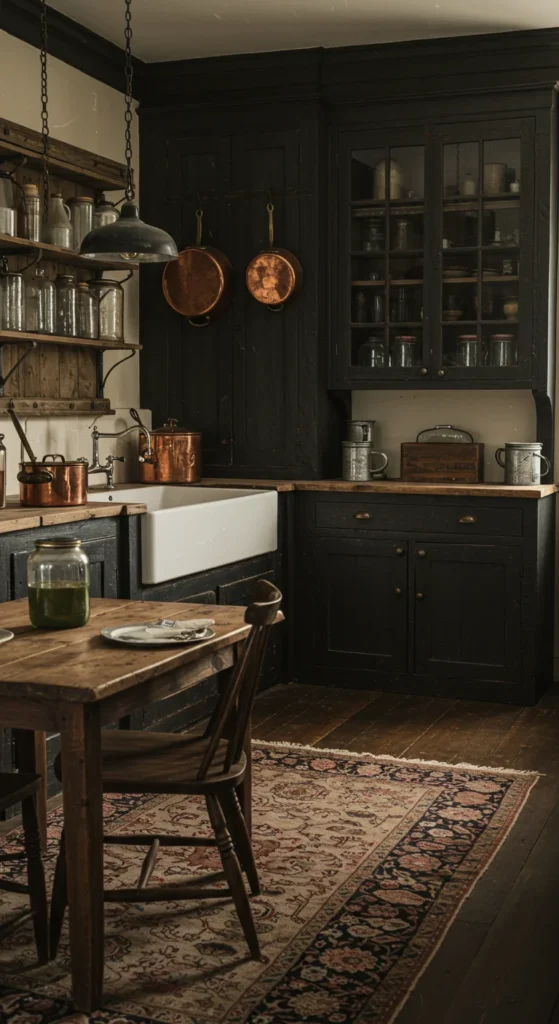 Kitchen With Dark Reclaimed Wood, Vintage Metal Accents