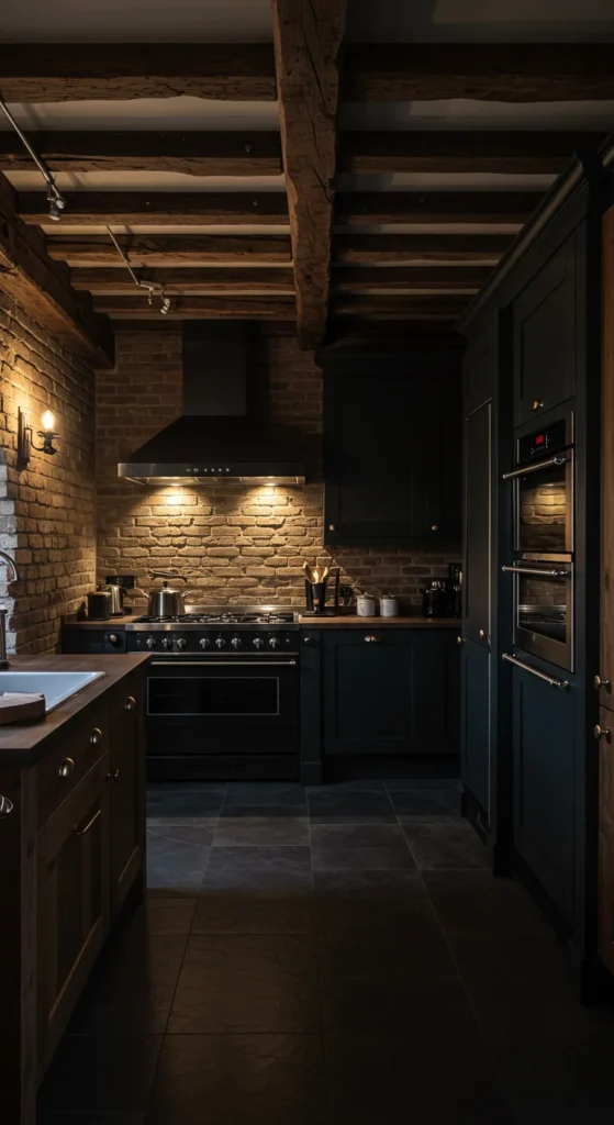 Kitchen With Exposed Brick Walls, Rustic Wood Beams
