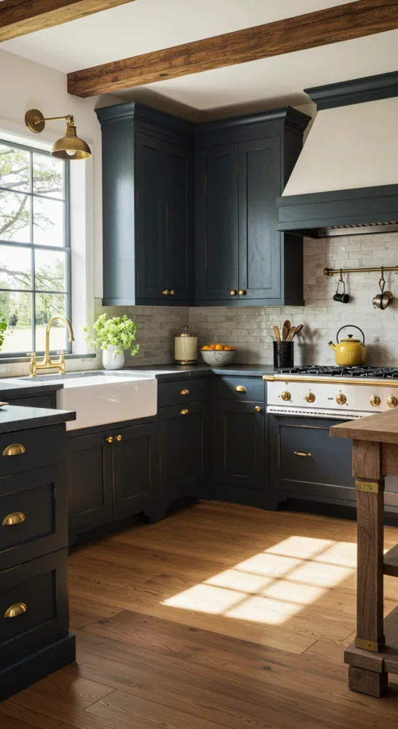 Kitchen With Navy-blue Cabinets, Gold Accents